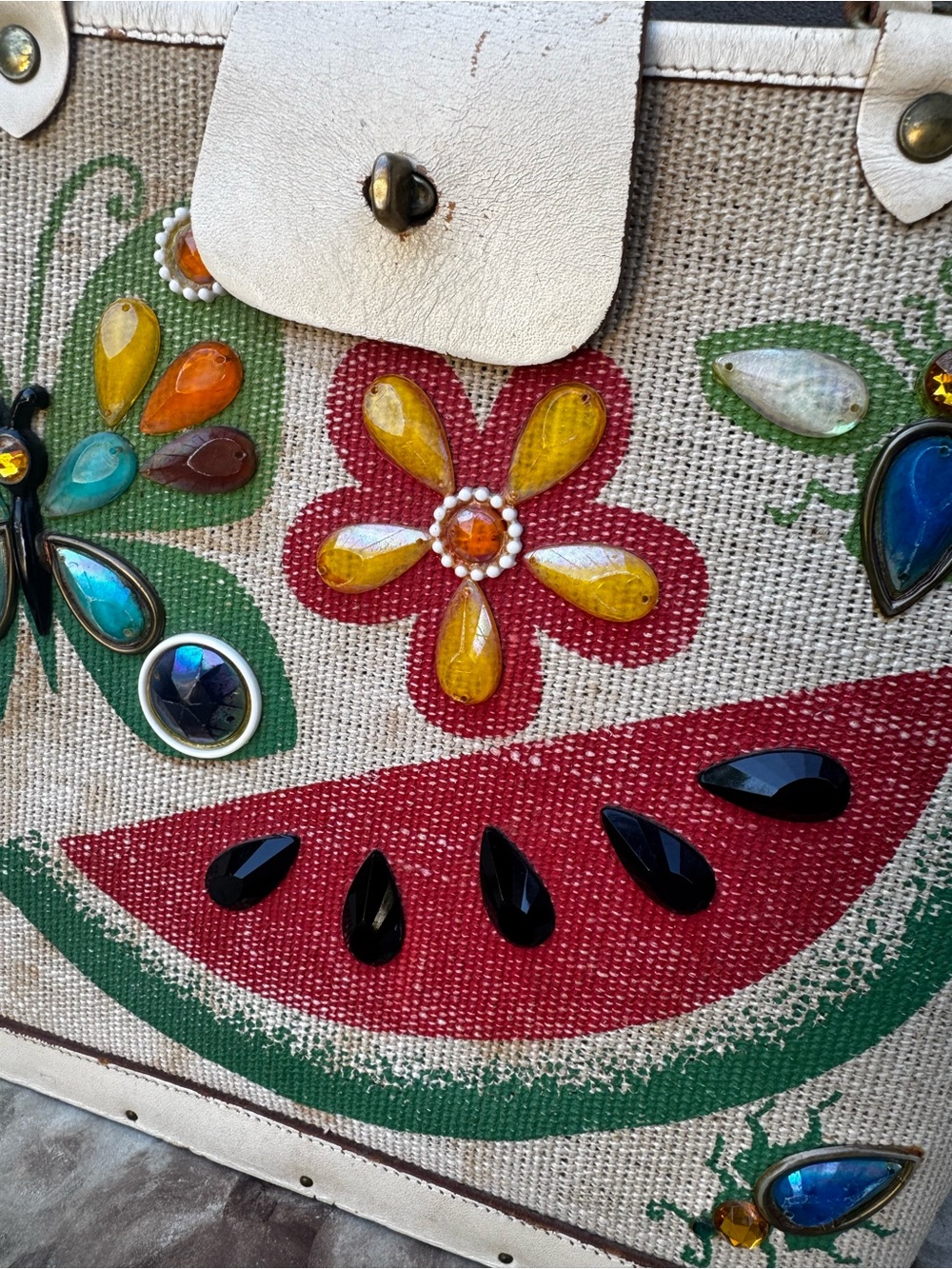 Vintage Enid Collins hand painted tote bag with watermelon and butterflies - Picture 2 of 9